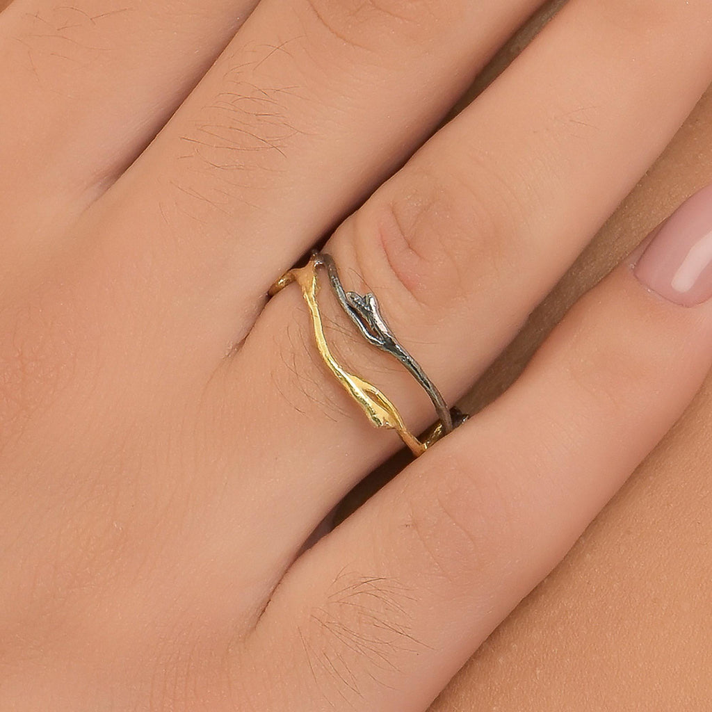 Jasmine Twig Ring - Two-Tone Sterling Silver Minimalist Band
