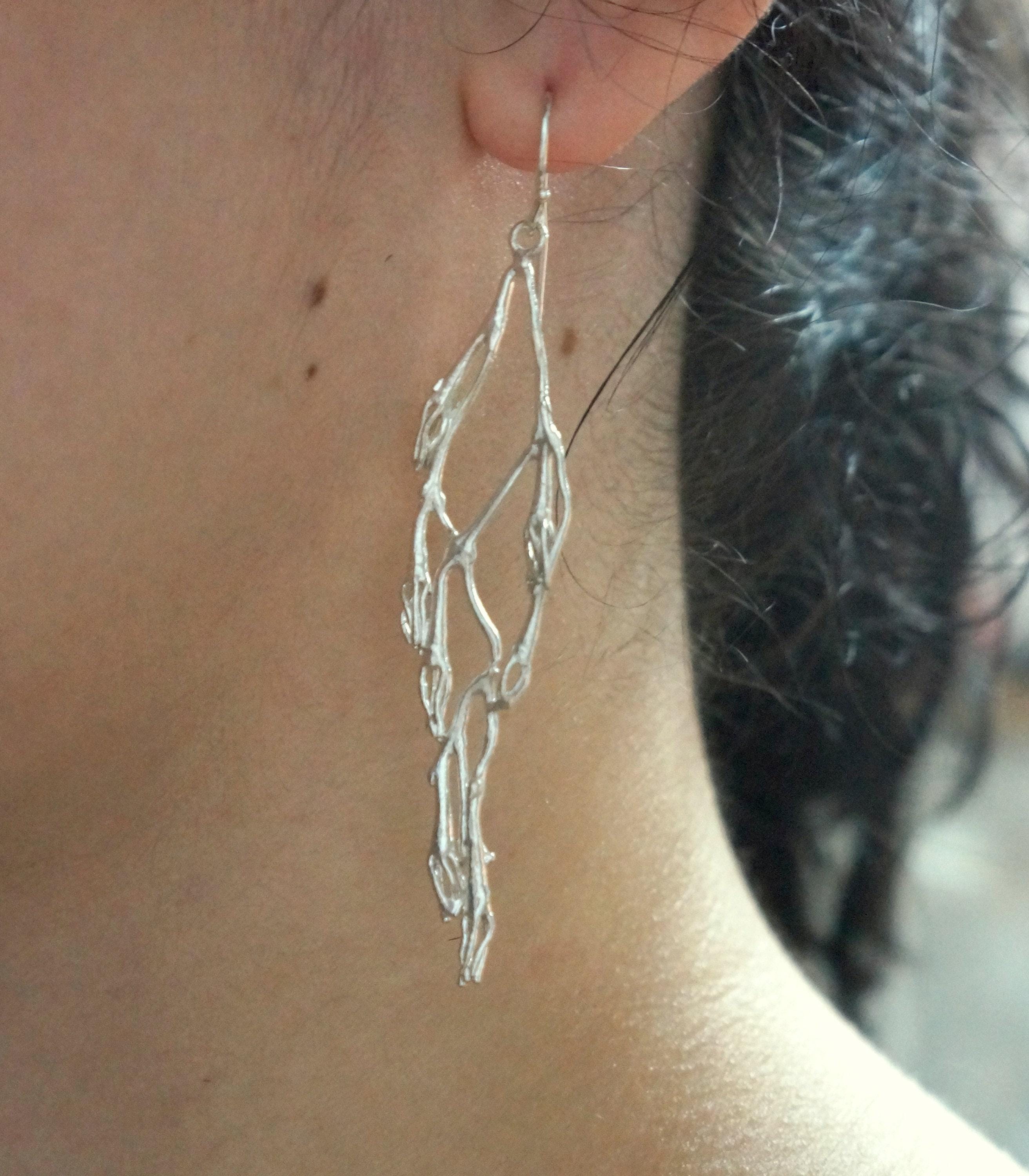 Sterling Silver Jasmine Twig Earrings: 14k Gold Plated, Long Dangle