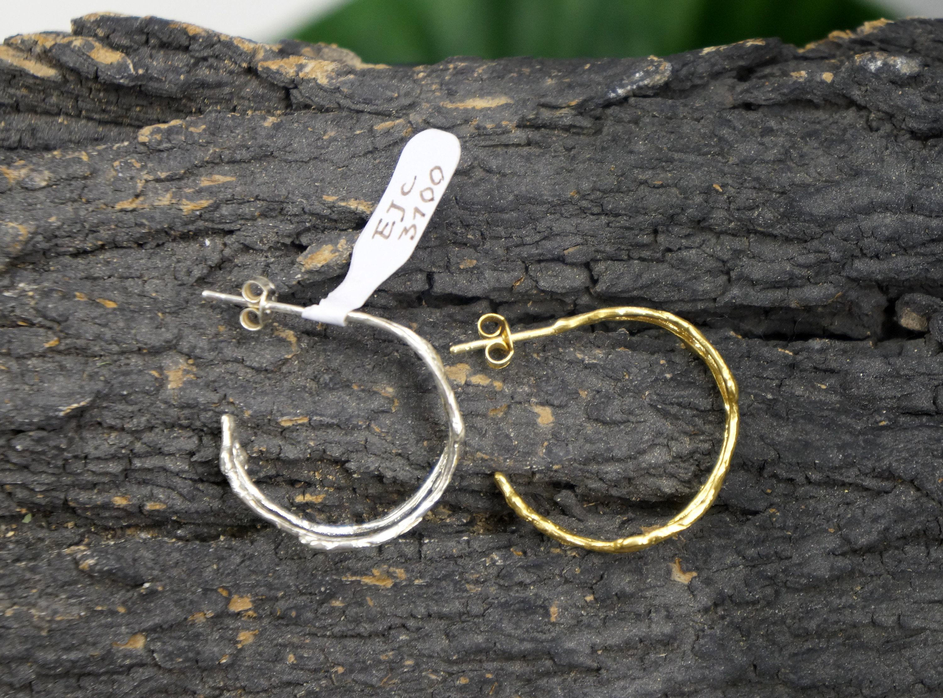 Silver Branch Earrings, Gold-Plated Sterling Silver Jewelry, Hoop Earrings, Gift for Her, Birthday Gift for Women, Handmade Jewelry