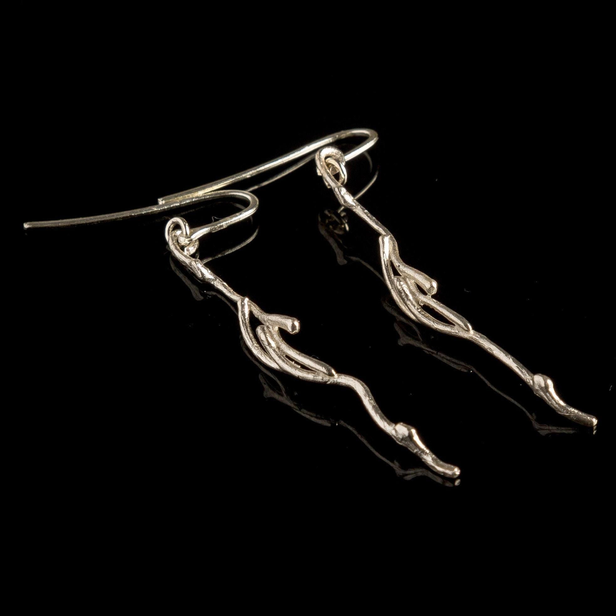 Real Jasmine Twig Earrings - Gold Plated Sterling Silver Dangles