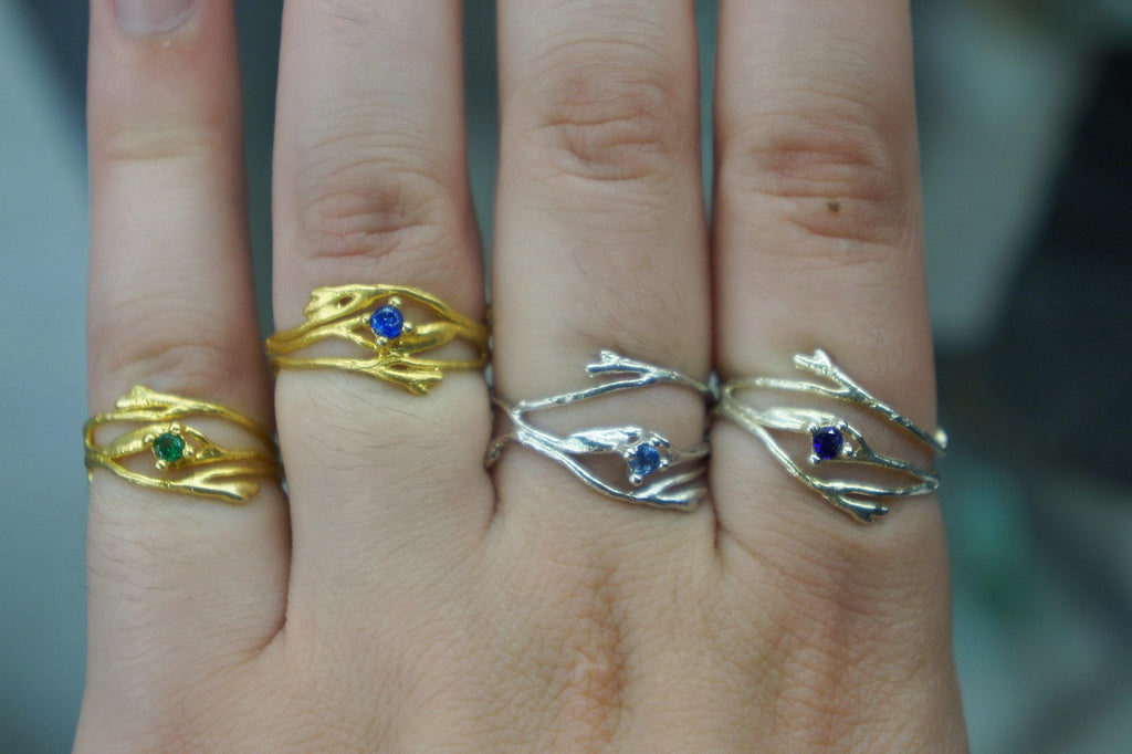 Twig Ring: Jasmine Branch Design (Sterling Silver, Zircon Stone)