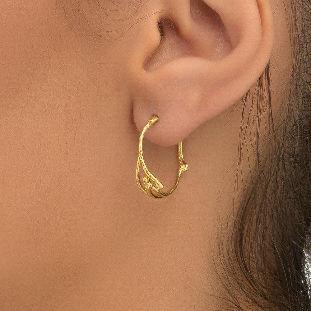 Gold Jasmine Branch Earrings, Gold-Plated Sterling Silver Jewelry, Hoop Earrings, Gift for Her, Birthday Gift for Women, Handmade Jewelry