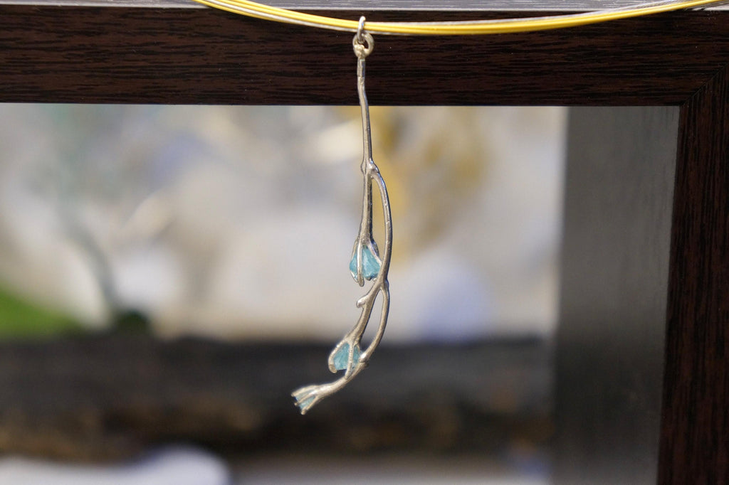 Real Jasmine Twig Statement Necklace with Blue Murano Glass, Handmade Statement Jewelry, Organic Botanical Pendant, Unique Gift for Nature Lovers, Sterling Silver 925