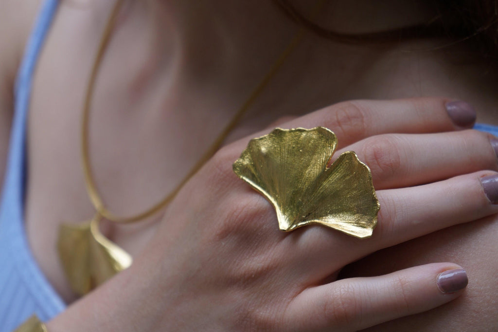 Nature-Inspired Ginkgo Leaf Ring, Gold Brass (Adjustable Size)