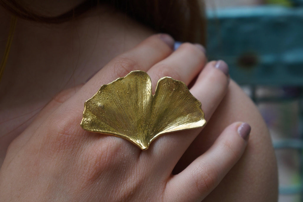 Nature-Inspired Ginkgo Leaf Ring, Gold Brass (Adjustable Size)