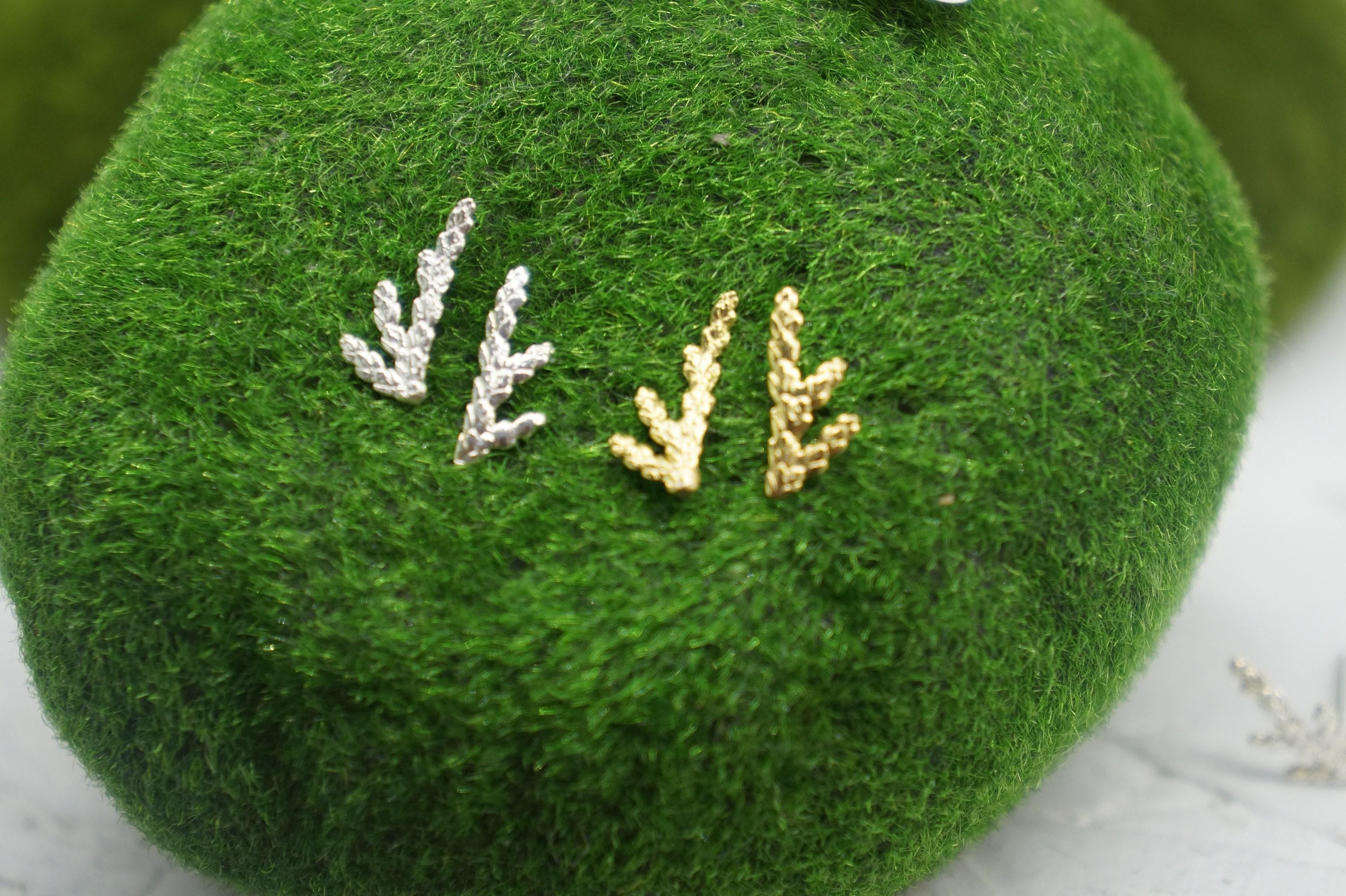 Tiny Twig Stud Earrings: Cypress Leaf Design in Silver or Gold