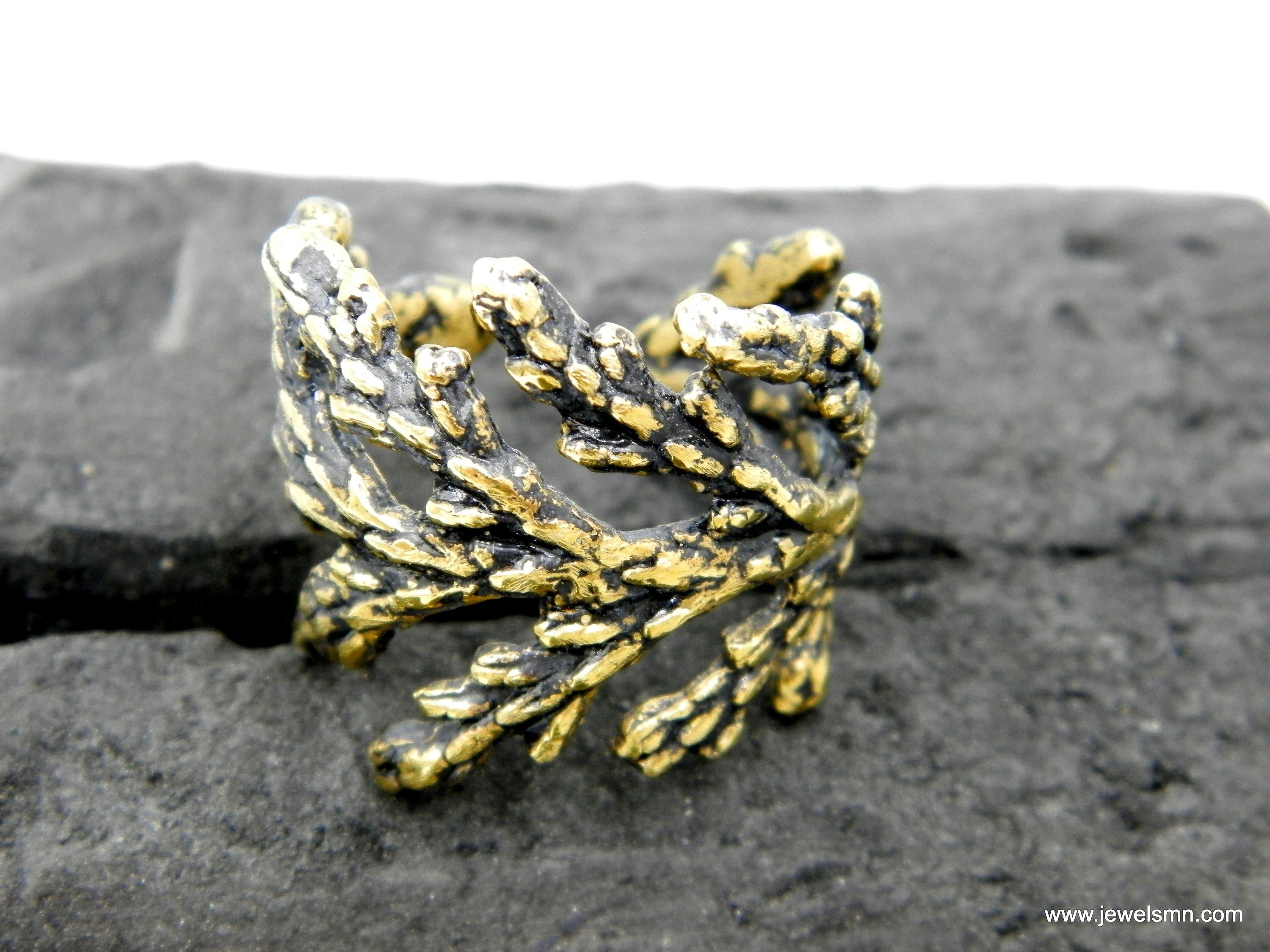 Leaf Ring: Handmade Cypress Design.14k Goldplated brass Adjustable Wide Band ring.
