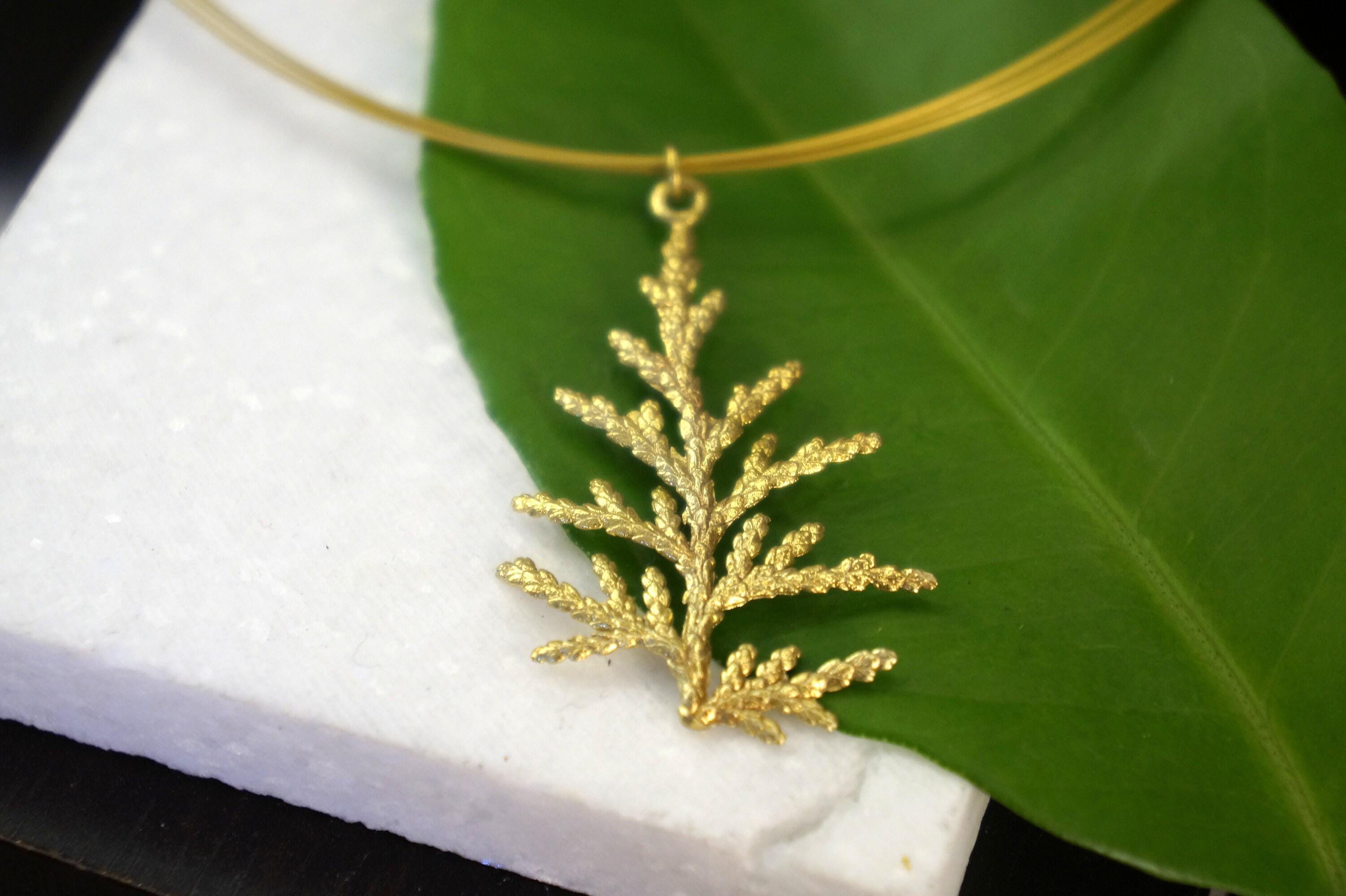 Cypress Leaf Necklace, Gold-Plated Brass, Nature Inspired (Handmade, Sustainable)