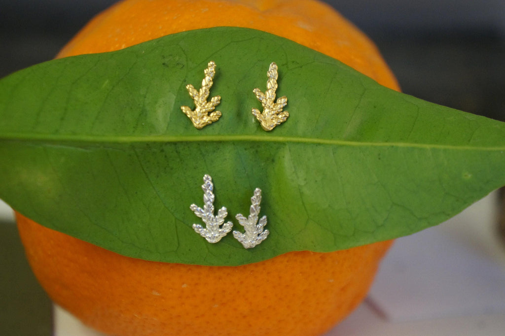 Silver Cypress Earrings, Gold-Plated Sterling Silver Earrings, Cypress Leaf Studs, Handmade Silver Jewelry, Birthday Gift for Women