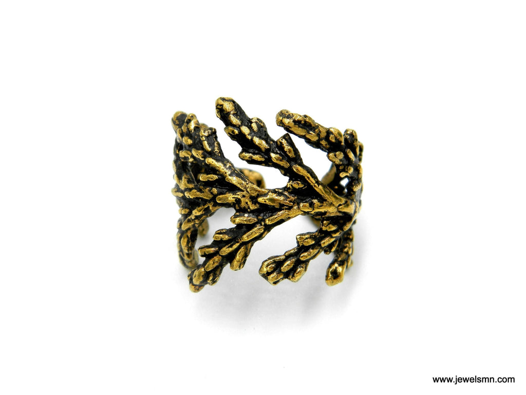 Leaf Ring: Handmade Cypress Design.14k Goldplated brass Adjustable Wide Band ring.