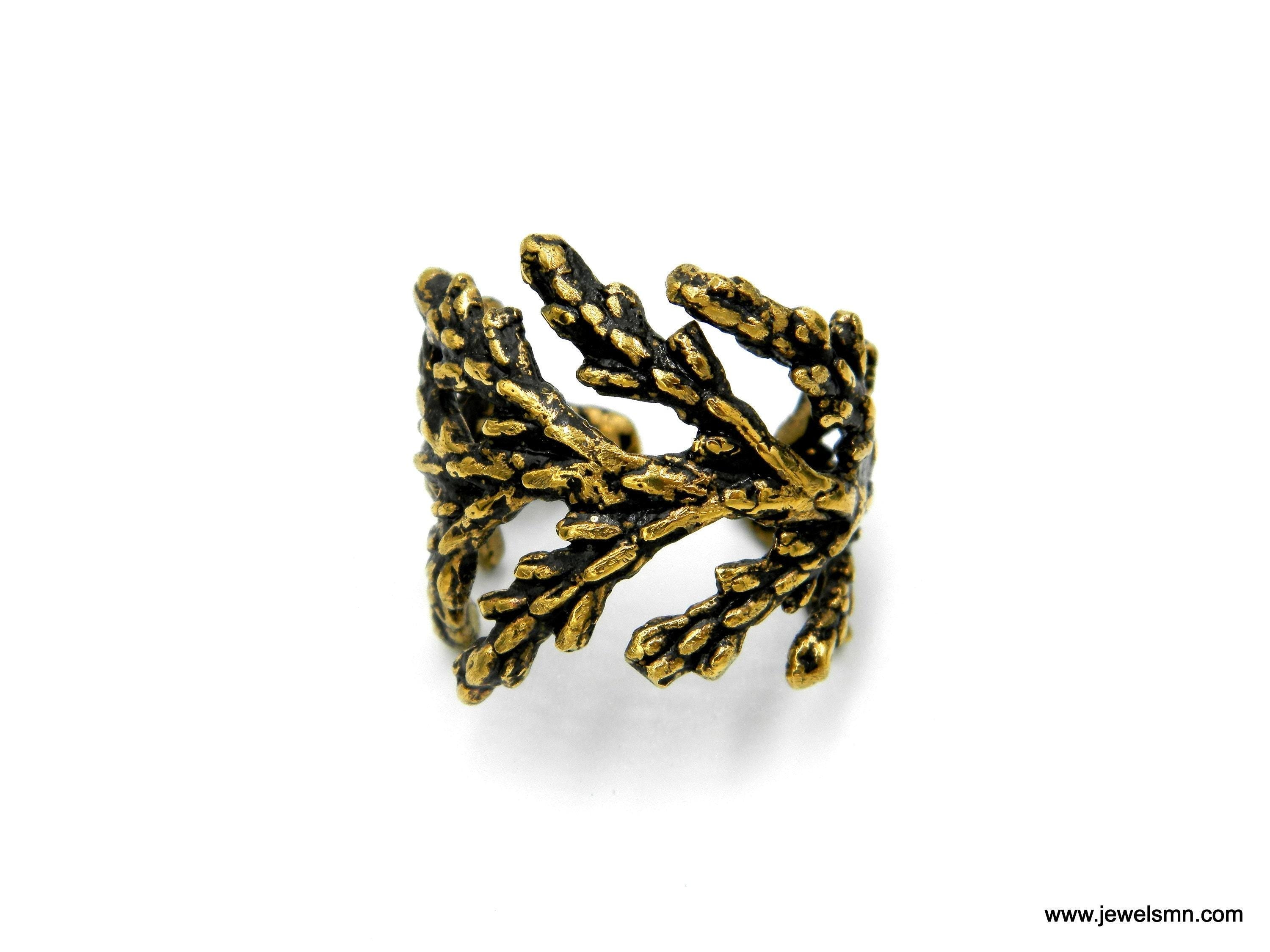 Leaf Ring: Handmade Cypress Design.14k Goldplated brass Adjustable Wide Band ring.