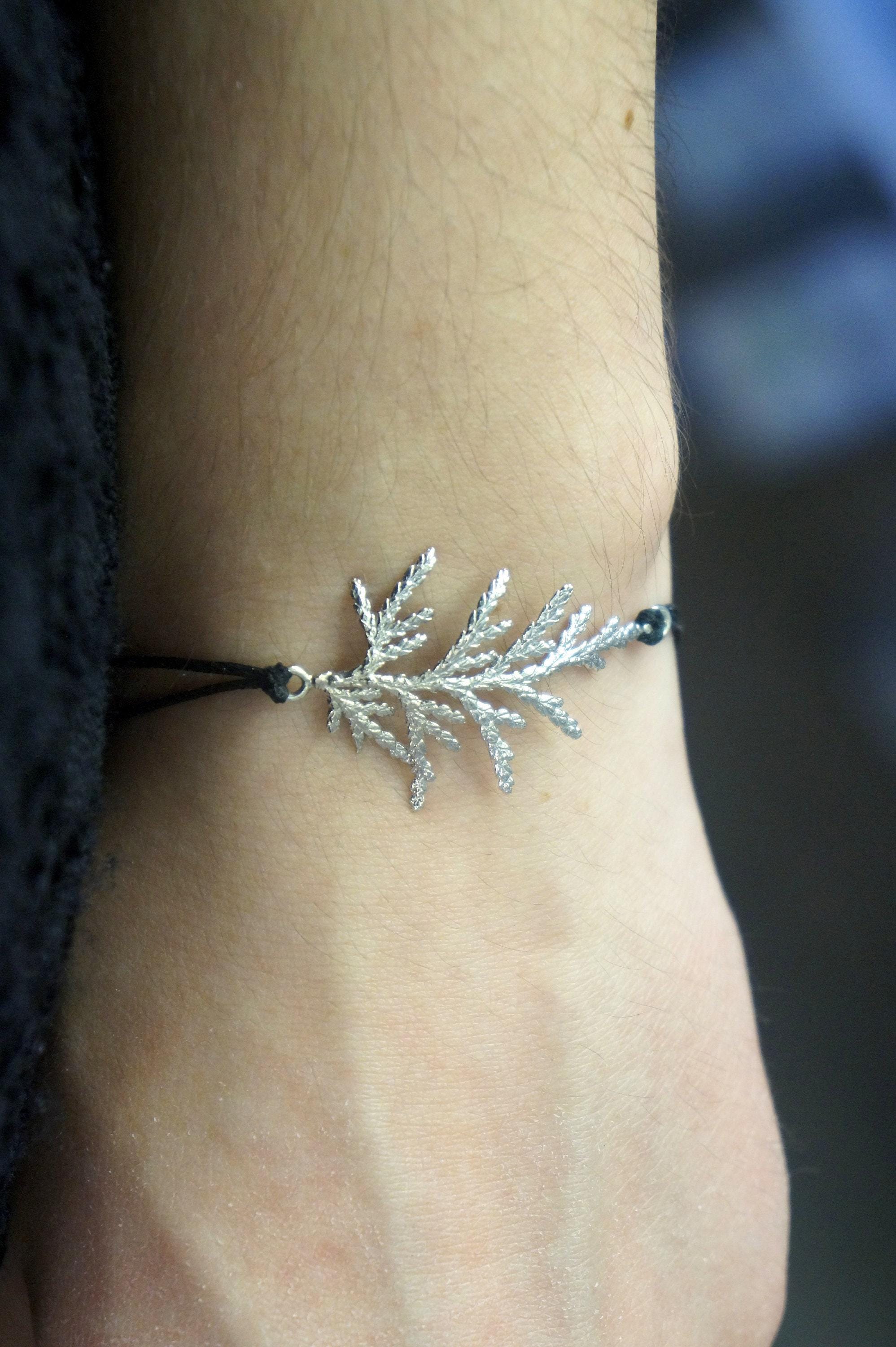 Botanical Macrame Bracelet: Cypress Leaf Design - Sterling Silver