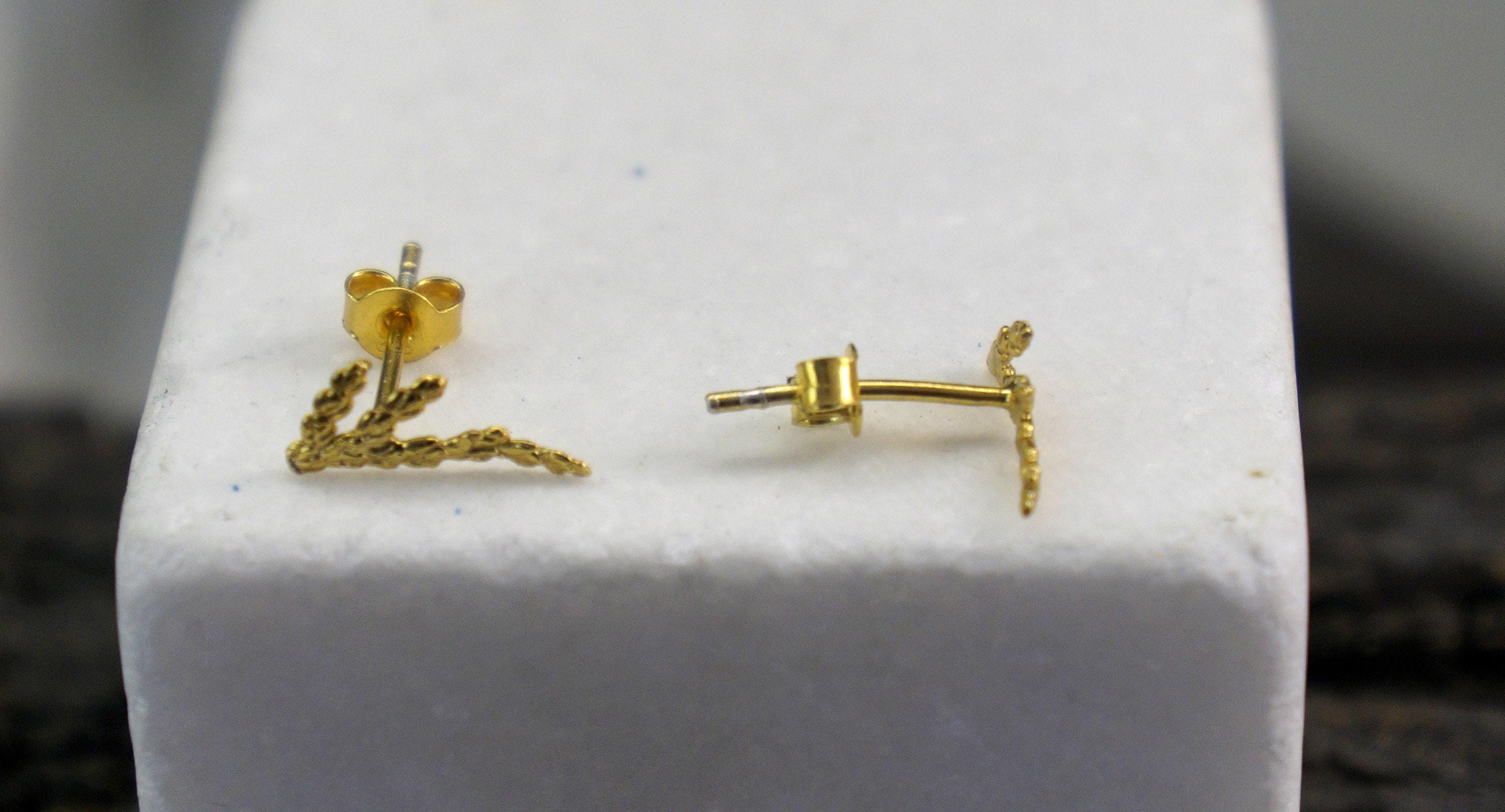 Silver Stud Earrings: Delicate Cypress Leaf - Gold Plated Finish