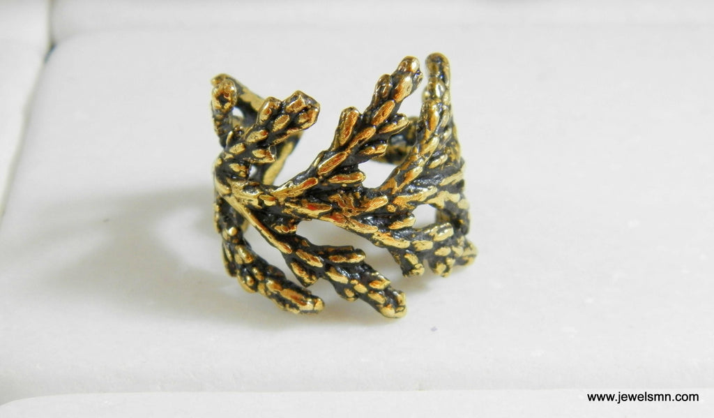 Leaf Ring: Handmade Cypress Design.14k Goldplated brass Adjustable Wide Band ring.