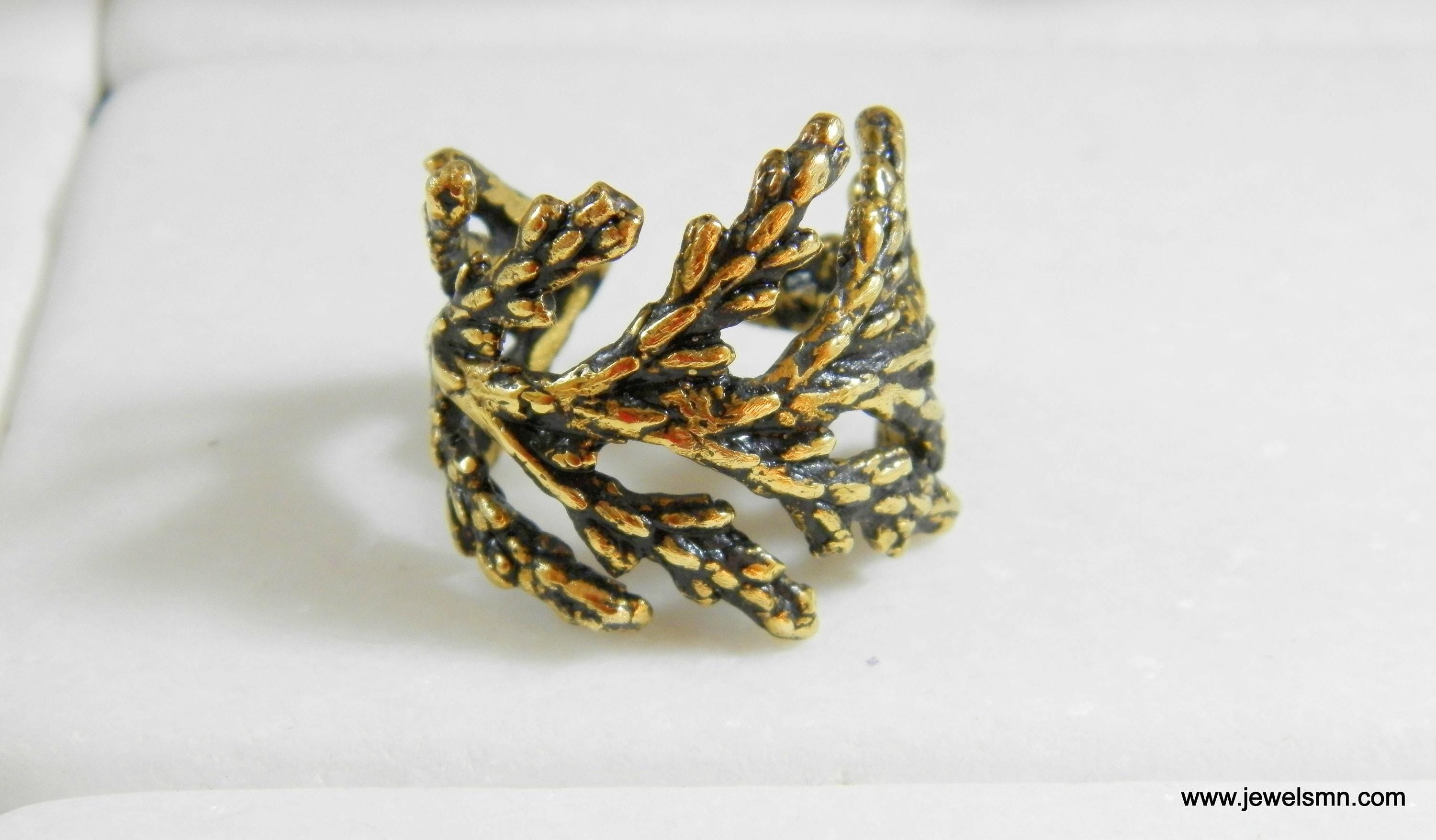 Leaf Ring: Handmade Cypress Design.14k Goldplated brass Adjustable Wide Band ring.