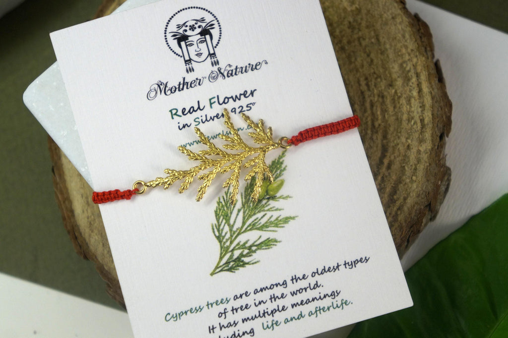 Botanical Macrame Bracelet: Cypress Leaf Design - Sterling Silver