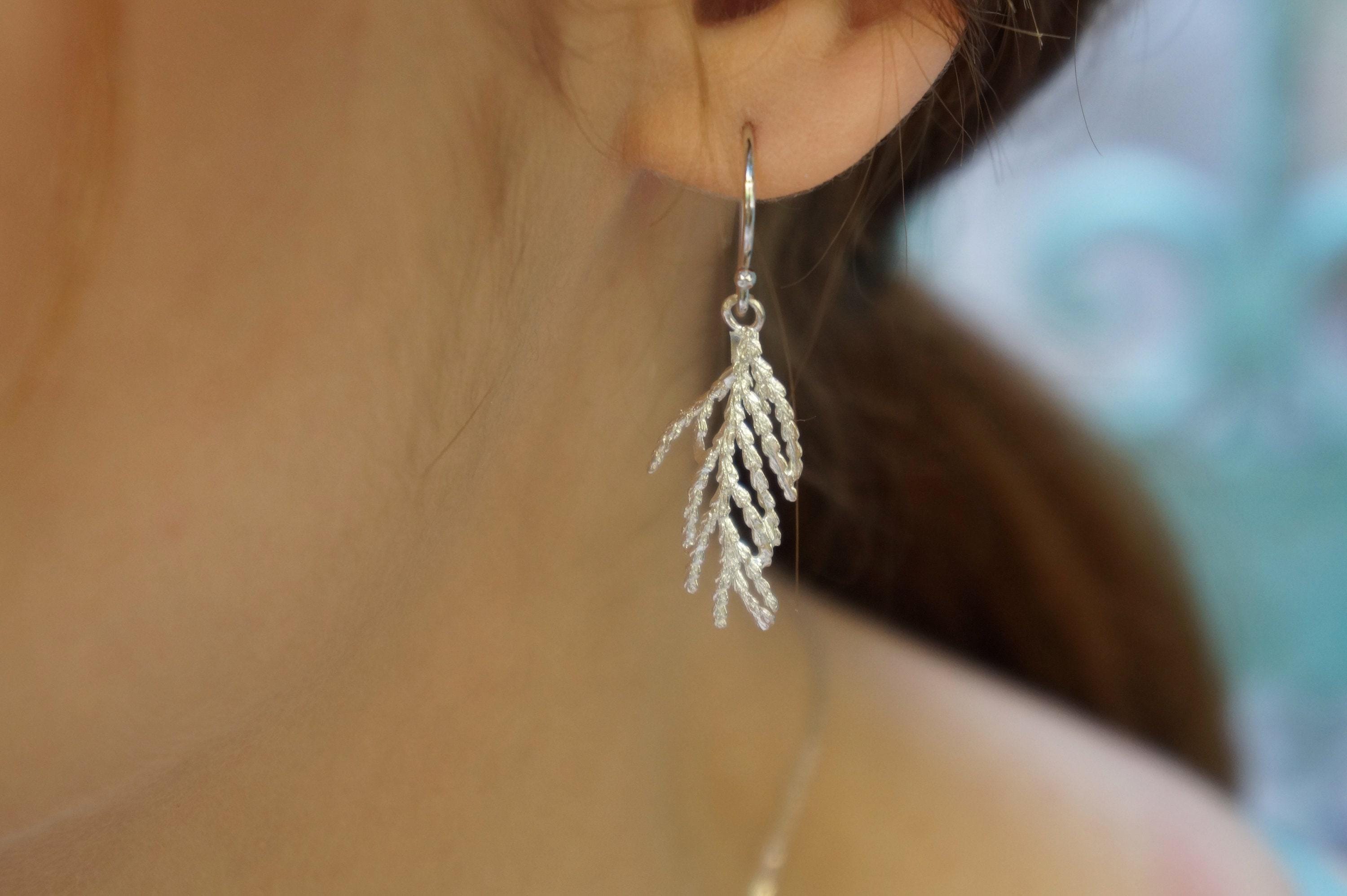 Nature Earrings: Real Cypress Leaf in Sterling Silver (Dangle)