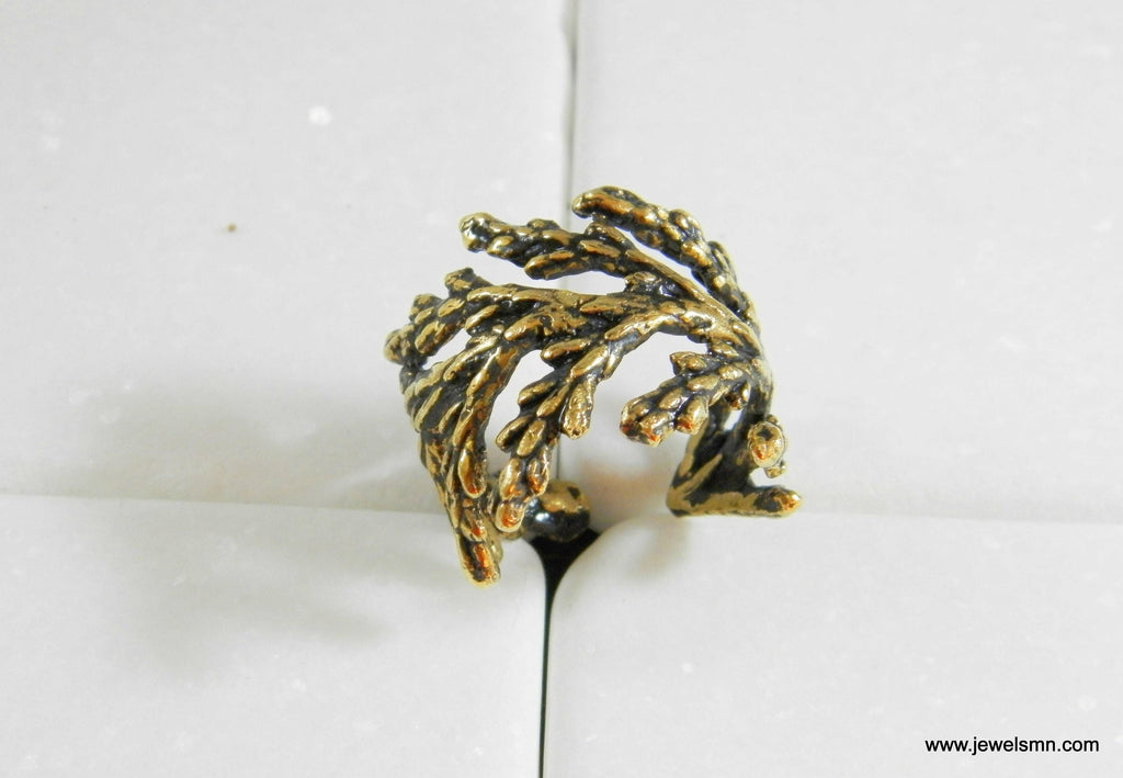 Leaf Ring: Handmade Cypress Design.14k Goldplated brass Adjustable Wide Band ring.
