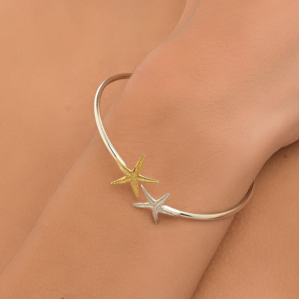 Gold Starfish Bracelet, Two-Tone Silver and Gold, Nature Inspired Jewelry Gift for Women