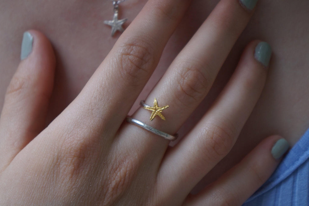 Starfish Ring: Nature Inspired Silver with Gold Accent - Adjustable