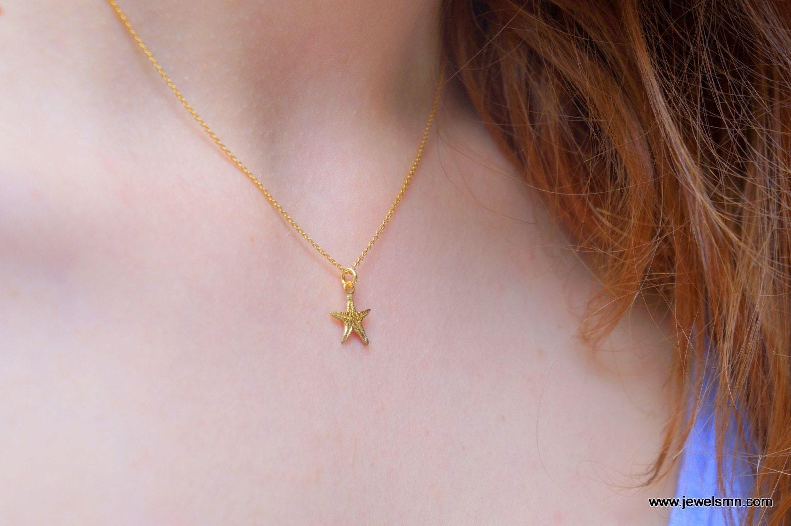 Minimalist Starfish Necklace, Tiny Gold Plated Silver (Dainty Charm)