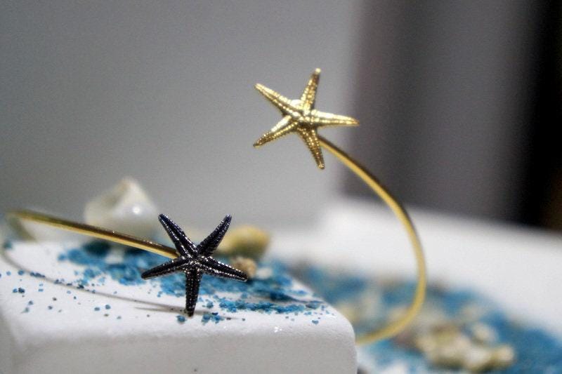 Nature-Inspired Starfish Bracelet, Two Tone Silver and Gold (Adjustable Cuff)