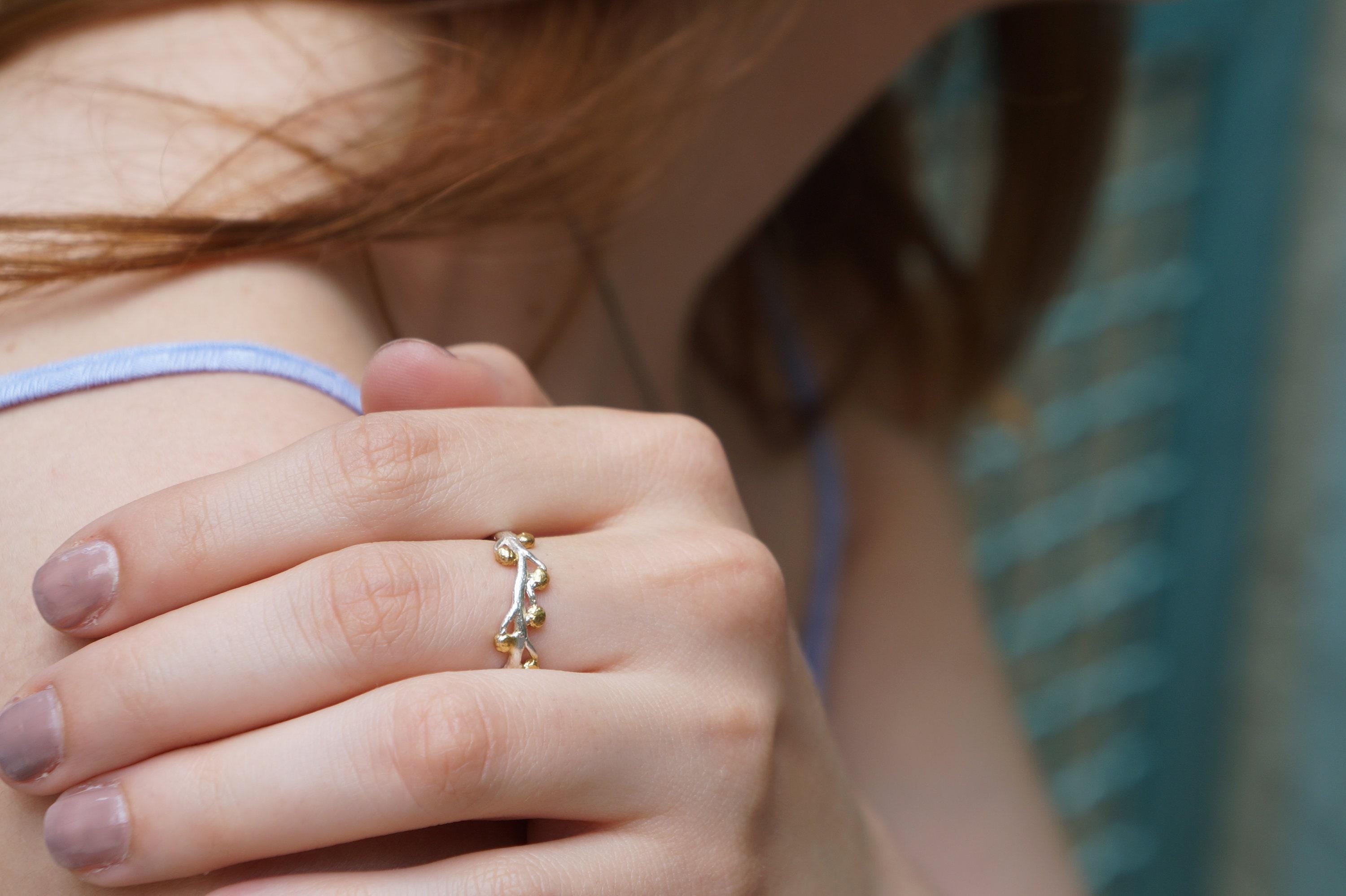 Gold Acacia Ring, Gold-Plated Sterling Silver Jewelry, Acacia Leaf Band, Gift for Her, Birthday Gift for Women, Handmade Jewelry