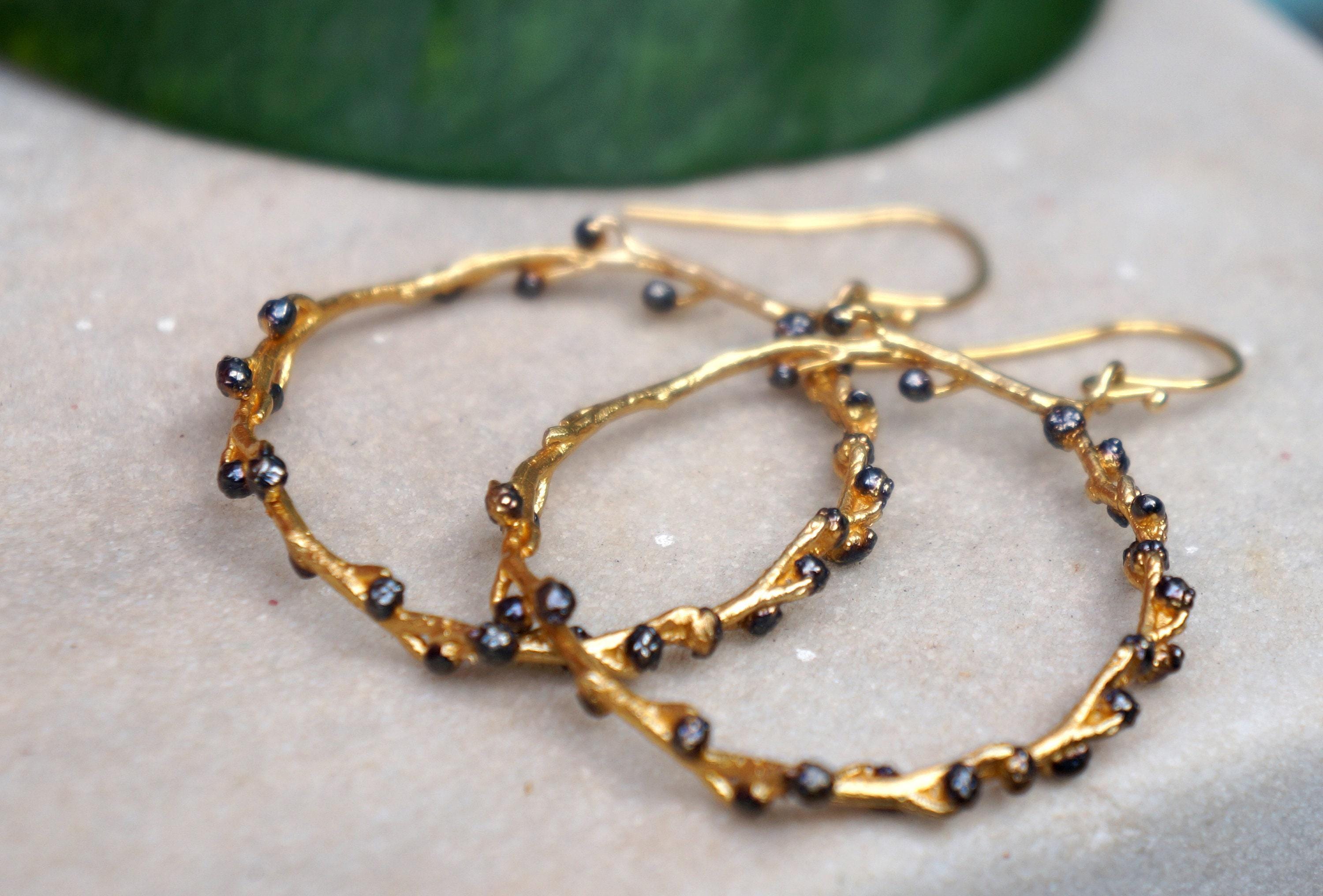 Twig Hoop Earrings, Gold-Plated Brass and Black Rhodium (Handmade Mimosa Branch)