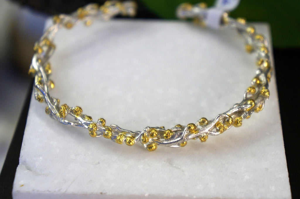 Gold Acacia Bracelet, Gold-Plated Sterling Silver Jewelry, Acacia Branch Bangle Bracelet, Gift for Her, Birthday Gift for Women