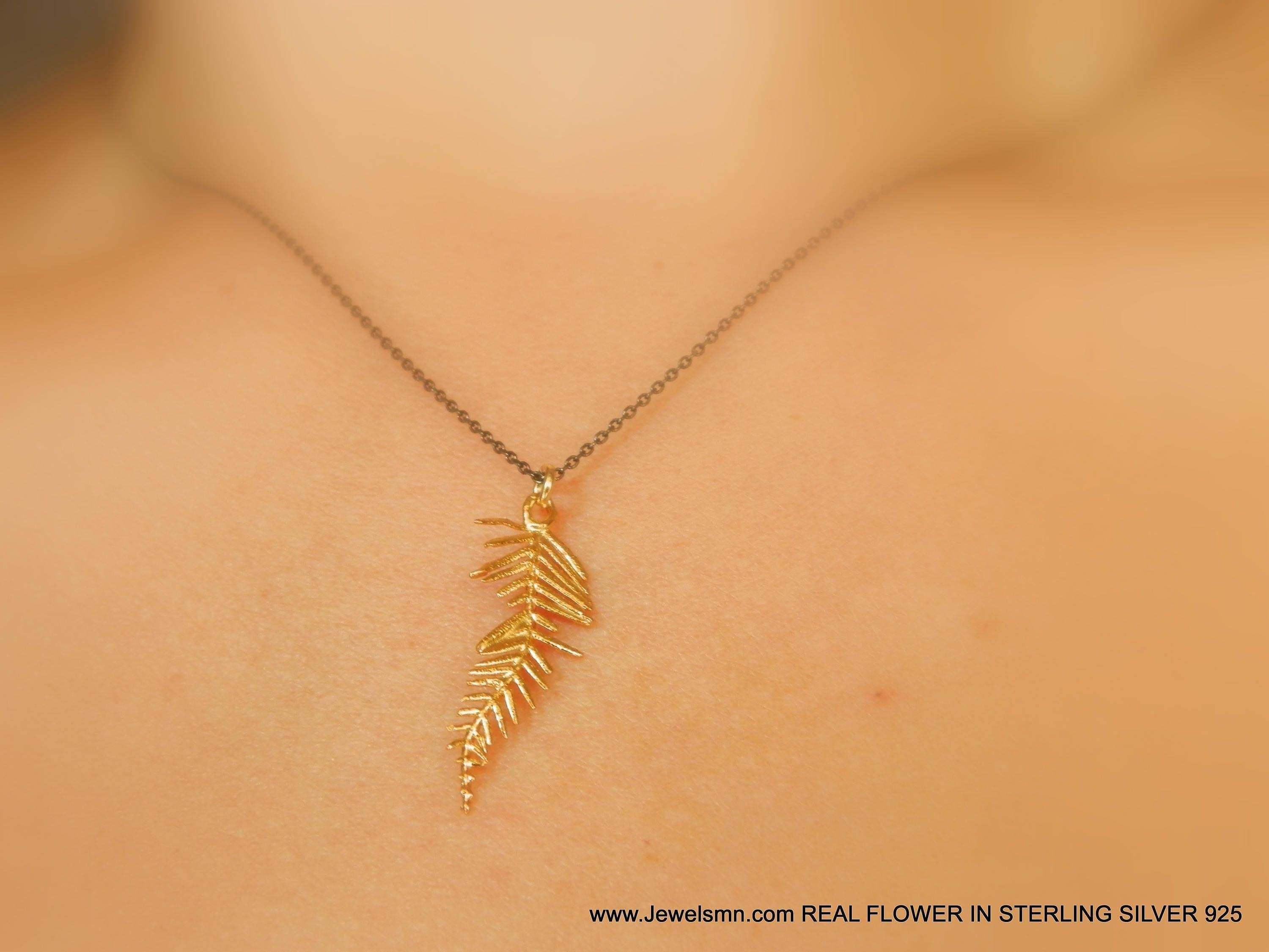 Acacia Leaf Necklace, Gold-Plated Silver Pendant, Eco-Friendly Mimosa Jewelry, Nature-Inspired Gift