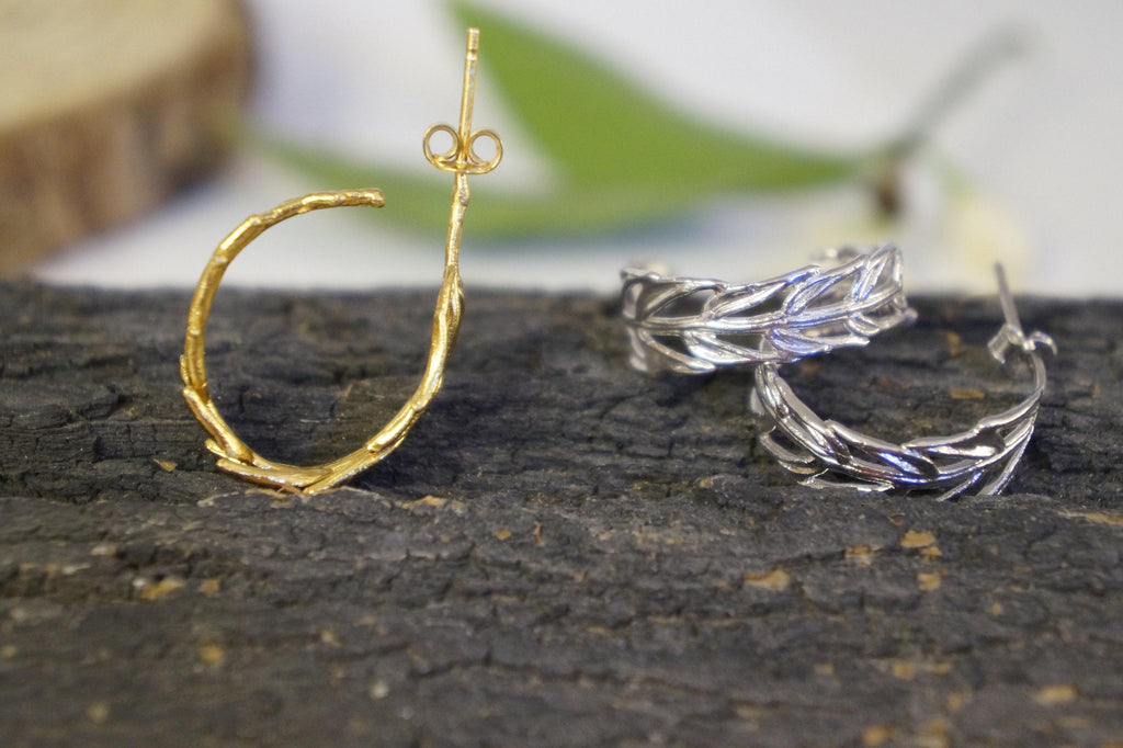 Gold Hoop Earrings with Real Acacia Leaves - Sterling Silver Detail