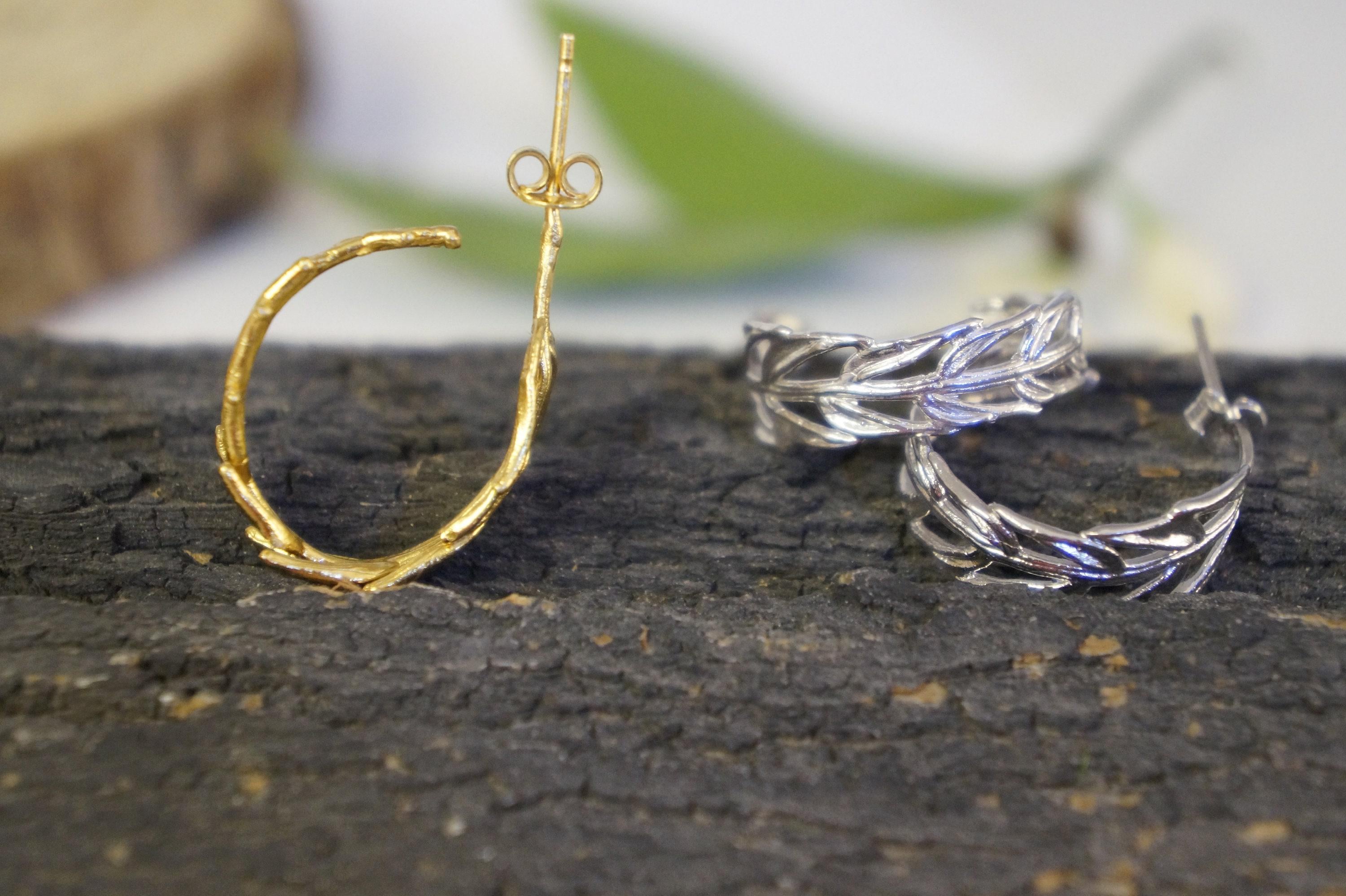 Gold Hoop Earrings with Real Acacia Leaves - Sterling Silver Detail