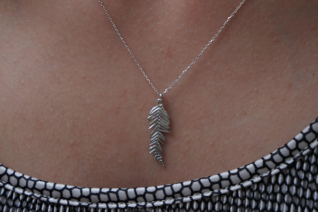 Acacia Leaf Necklace, Gold-Plated Silver Jewelry, Rhodium Chain, Nature-Inspired Gift for Women