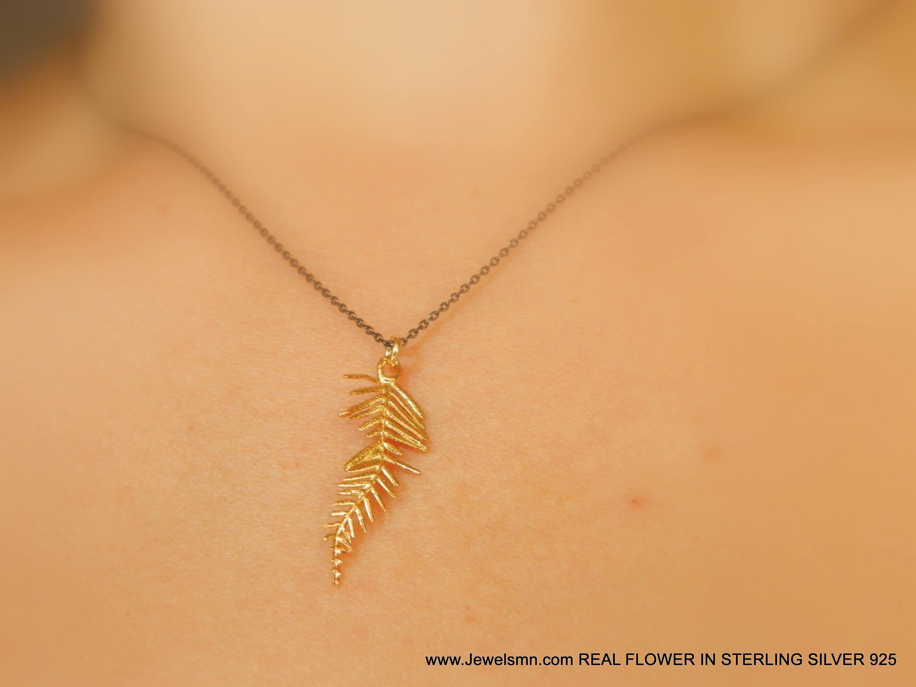 Acacia Leaf Necklace, Gold-Plated Silver Jewelry, Rhodium Chain, Nature-Inspired Gift for Women