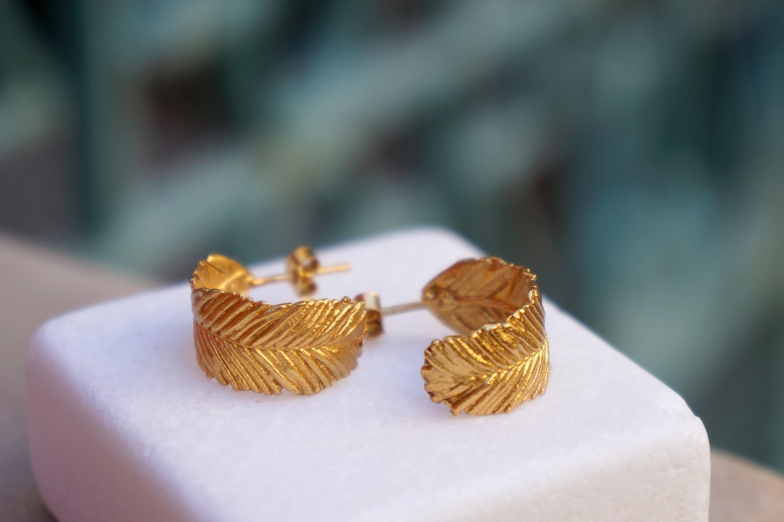 Hoop Earrings: 14k Gold Plated Mimosa Leaves - Nature Inspired Jewelry in Recycled Brass