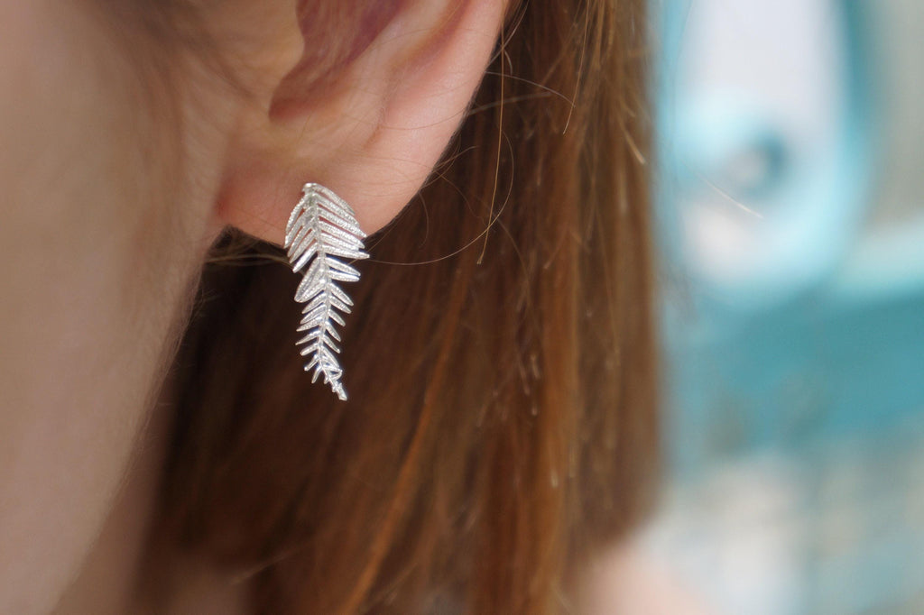 Leaf Stud Earrings: Mimosa Acacia Design - Silver or Gold Plated