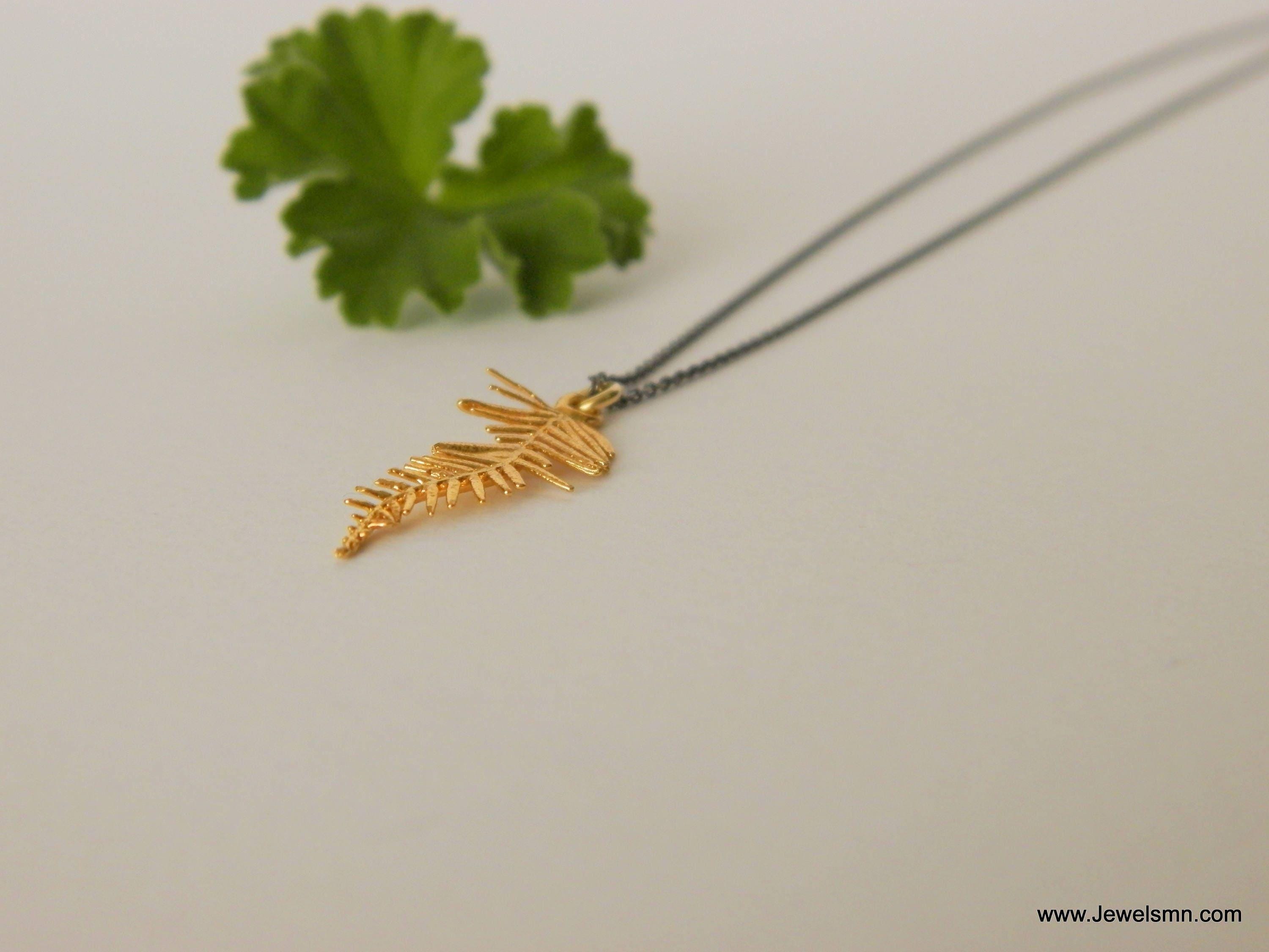 Acacia Leaf Necklace, Gold-Plated Silver Pendant, Eco-Friendly Mimosa Jewelry, Nature-Inspired Gift