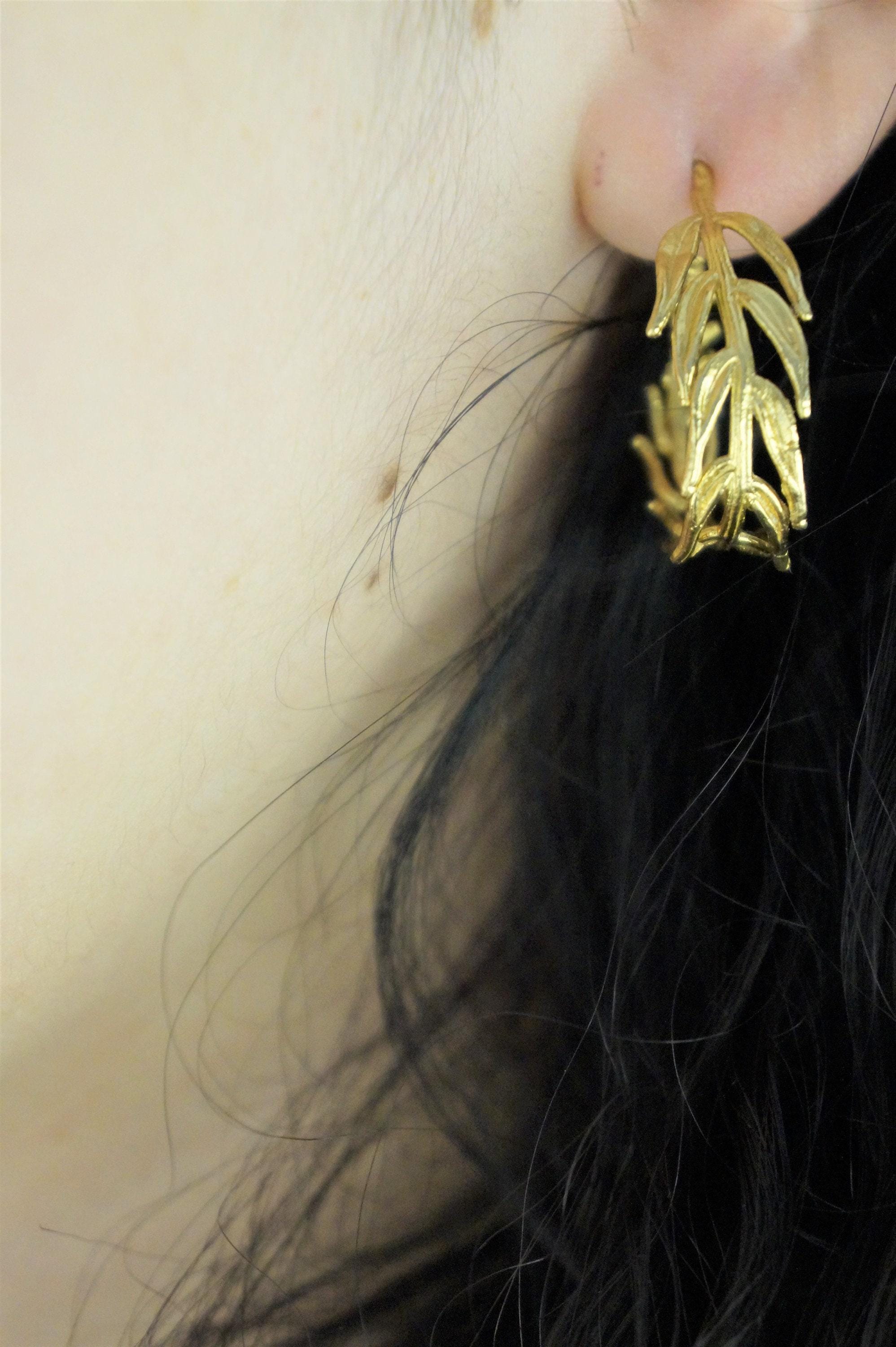 Gold Hoop Earrings with Real Acacia Leaves - Sterling Silver Detail