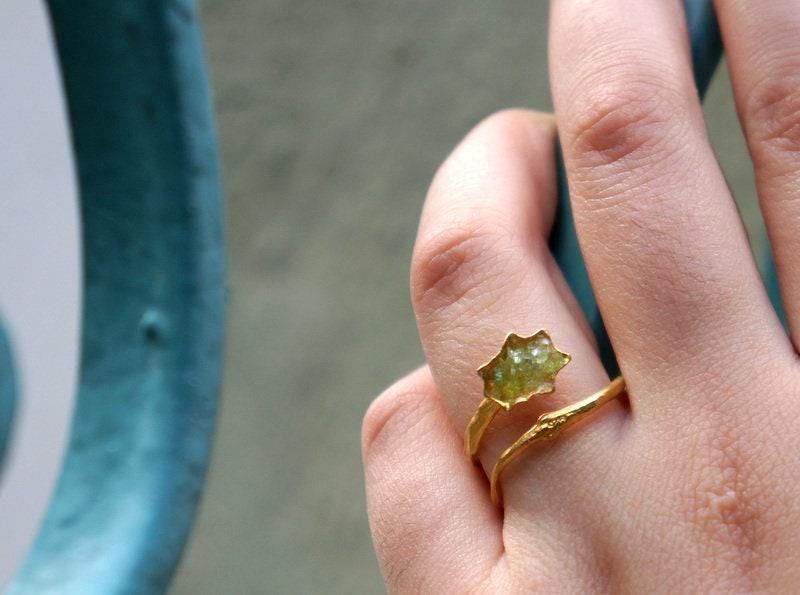 Sea Shell Ring, Sterling Silver with Green Murano Glass, Gold-Plated Eco Jewelry