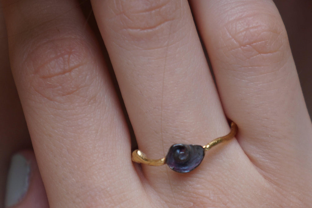 Sterling Silver Ring: Dainty Sea Shell and Twig Design - Gold Accents