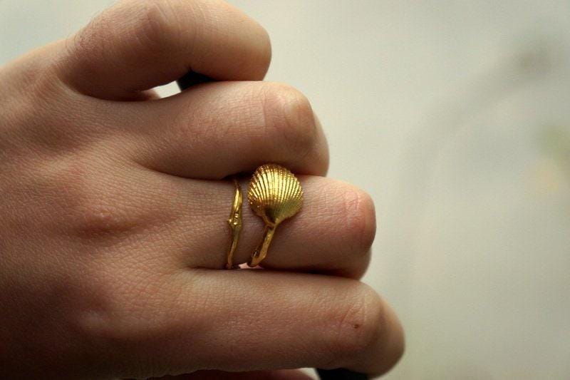 Adjustable Sea Shell Ring: Recycled Silver, Gold Plated - Nature Inspired