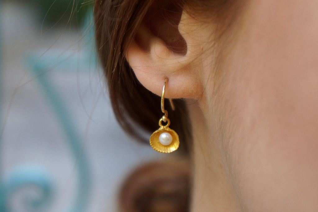 Minimalist Shell and Pearl Earrings: Dainty Sterling Silver, 14k Gold