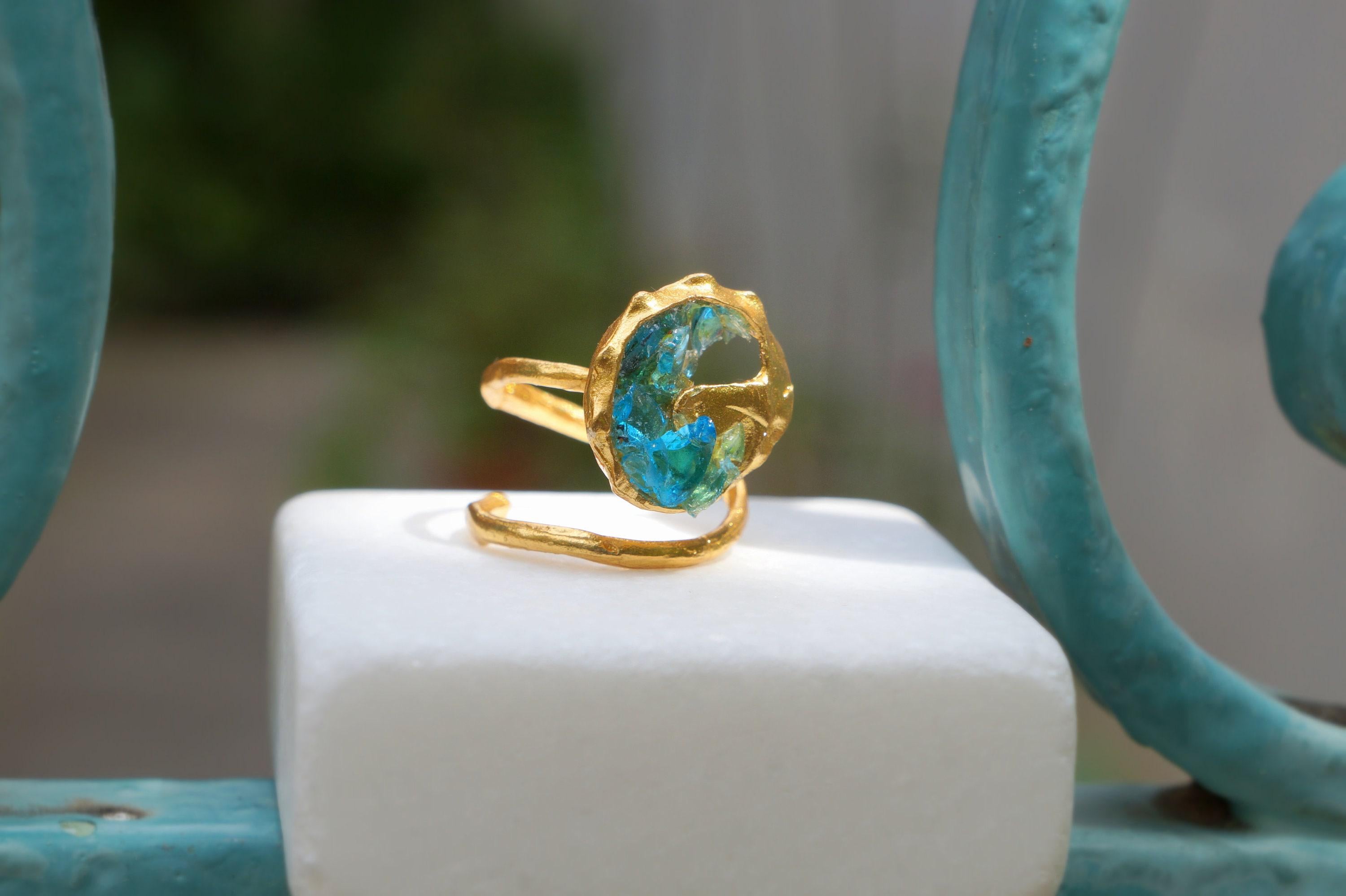 Gold Sea Shell Ring, Gold-Plated Sterling Silver Jewelry, Murano Stone Ring, Gift for Her, Birthday Gift for Women, Handmade Jewelry