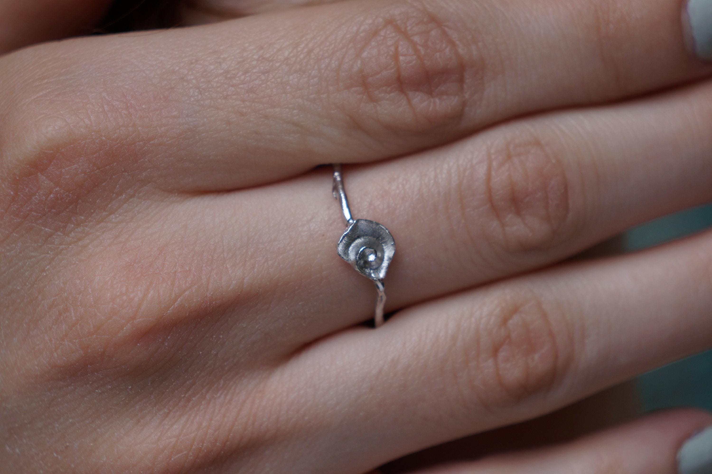 Sterling Silver Ring: Dainty Sea Shell and Twig Design - Gold Accents