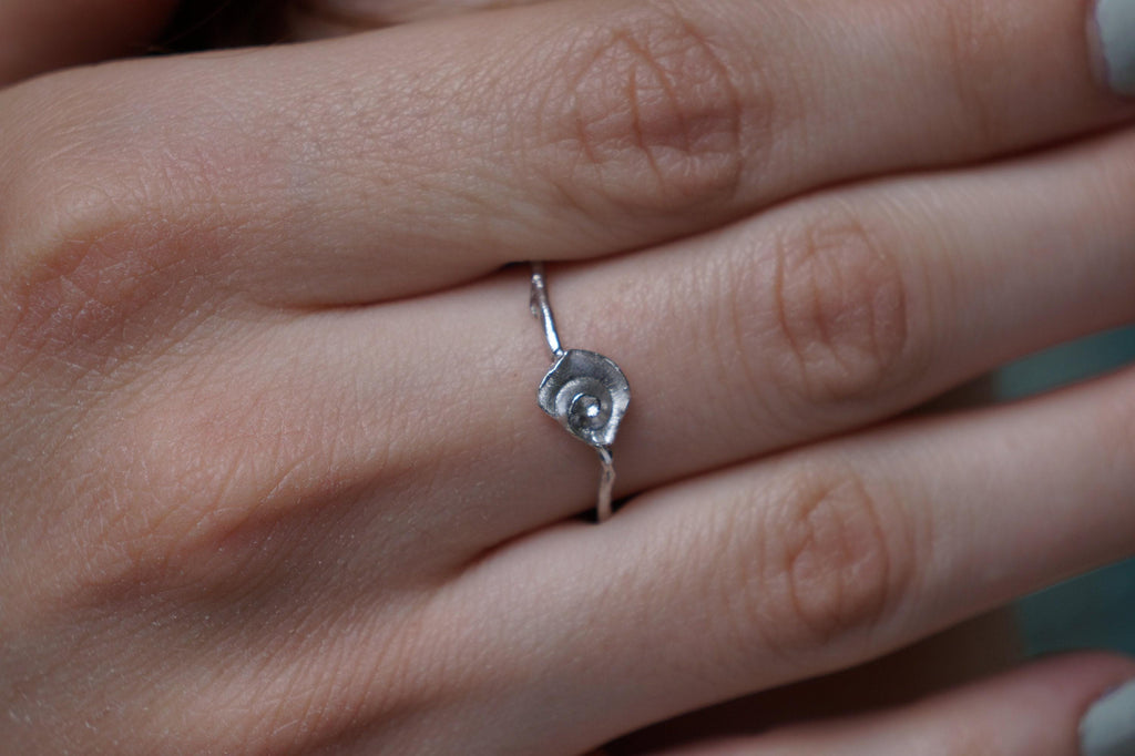 Sterling Silver Ring: Dainty Sea Shell and Twig Design - Gold Accents