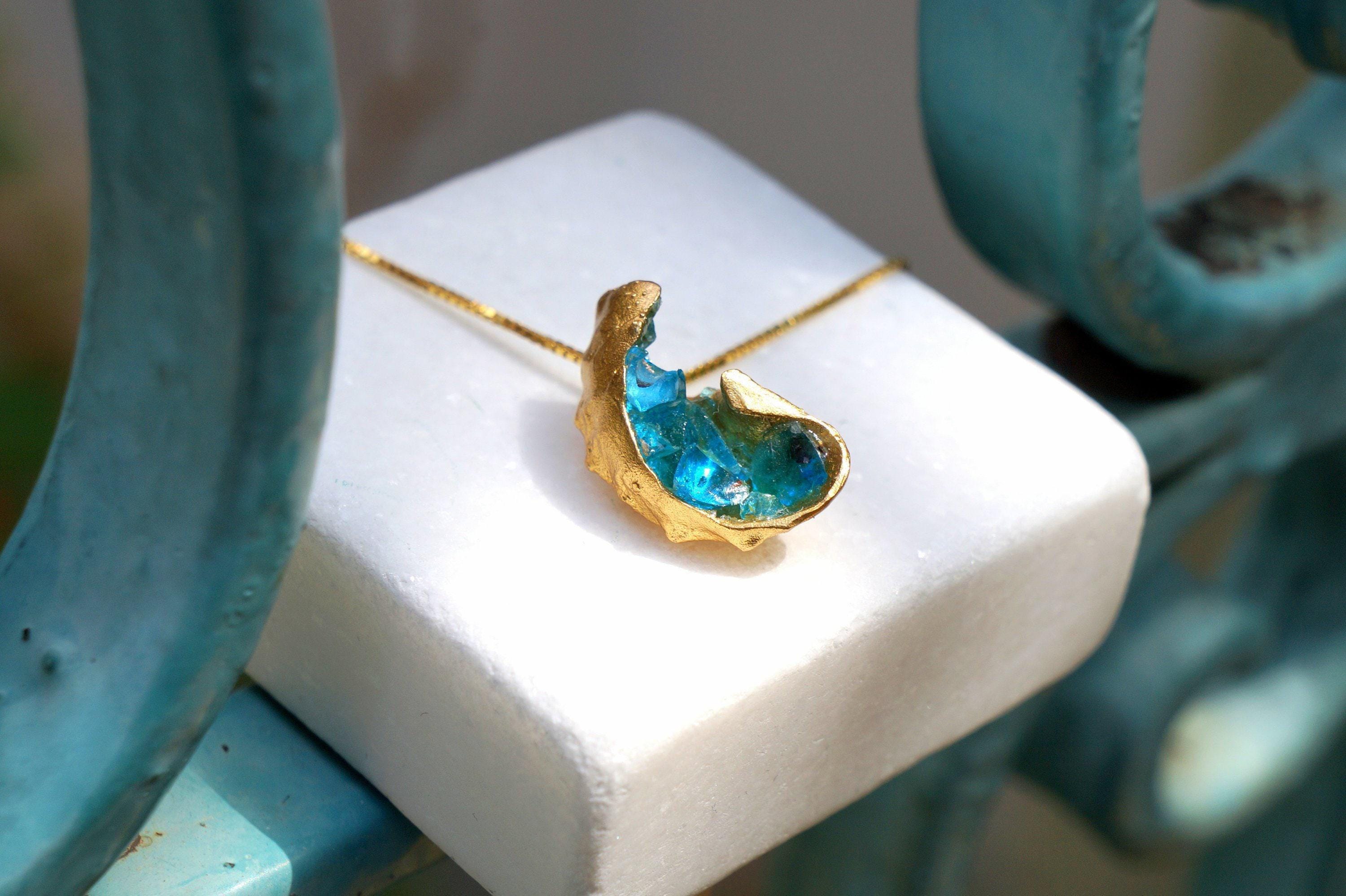 Gold Sea Shell Necklace with Blue Murano Glass, Gold-Plated Sterling Silver Jewelry, Gold Pendant, Gift for Her, Birthday Gift for Women