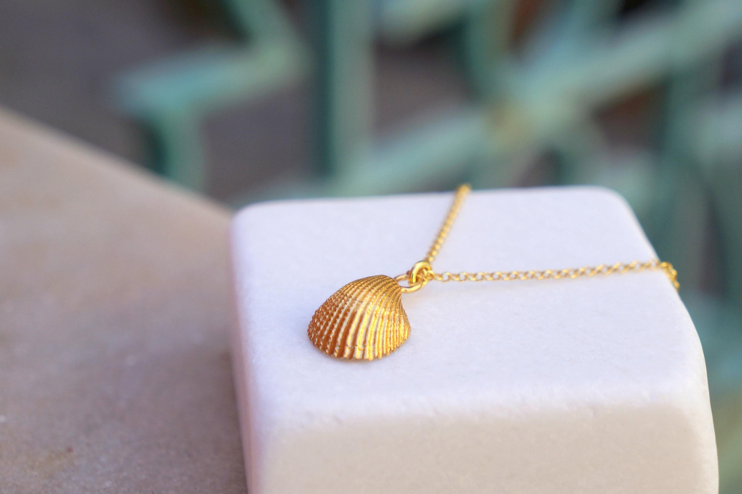 Solid Gold Sea Shell Necklace with Pearl, Handmade Minimalist Jewelry, Organic Beach Pendant, Gift for Luck, Real Gold (9K, 14K, 18K)
