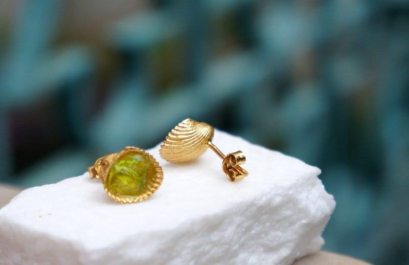 Shell Stud Earrings: Green Murano Stone, 14k Gold Plated Silver