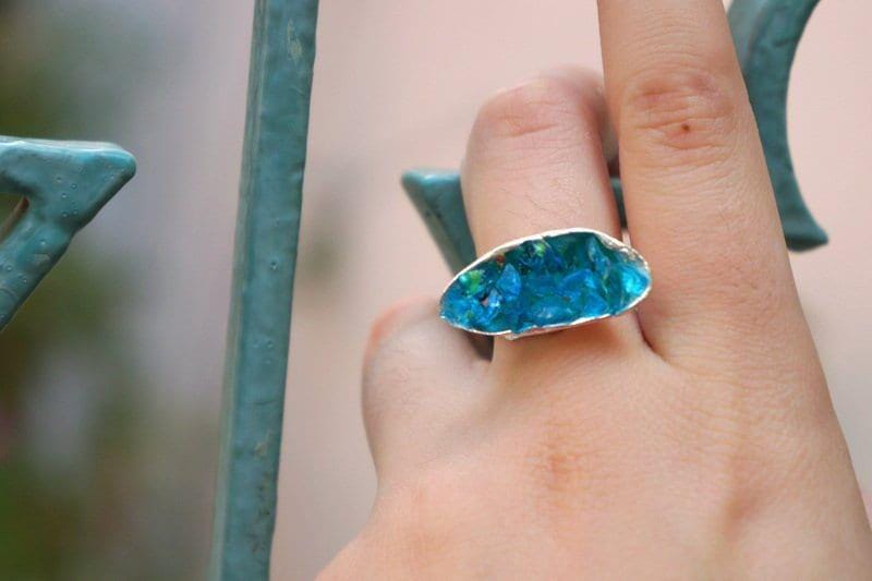 Nature-Inspired Mussel Shell Ring, Sterling Silver, Blue Murano Glass (Sizes 6-9)