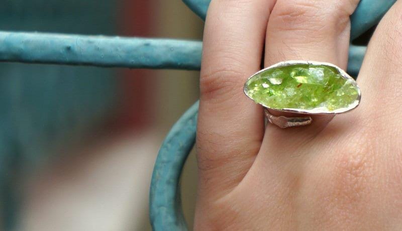 Big Nature Ring for Women - Recycled Silver, Green Murano Glass